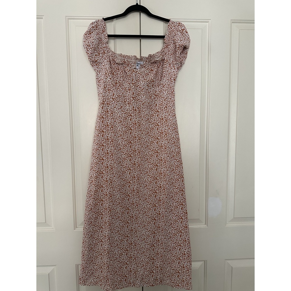 Princess Polly Dress Womens US 10 Orange White Floral Puff Sleeve Midi Lined Zip